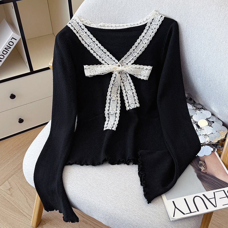 V-Neck Knit Sweater with Bow Detail - Flared Sleeve Pullover