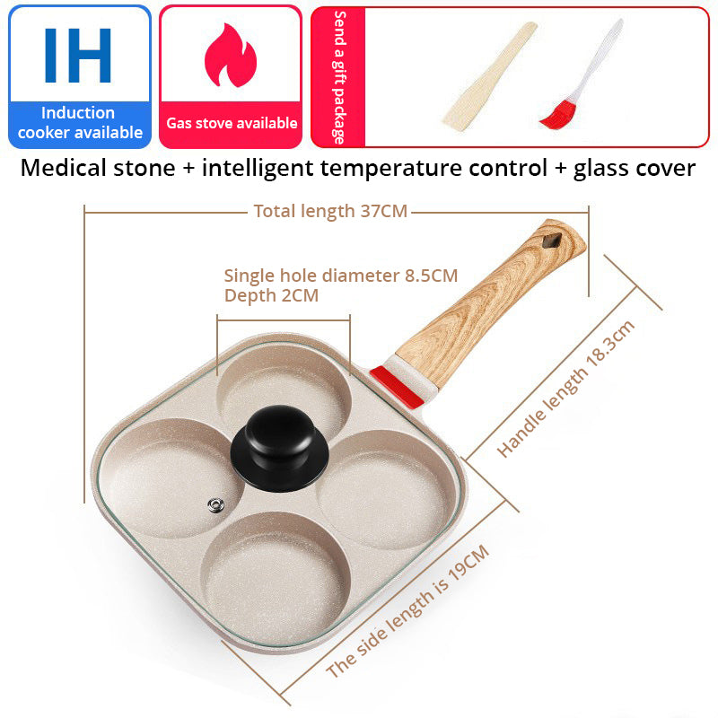 Non-stick four-hole breakfast pan for frying eggs, pancakes, and burger toppings evenly. Perfect for quick, mess-free home cooking.
