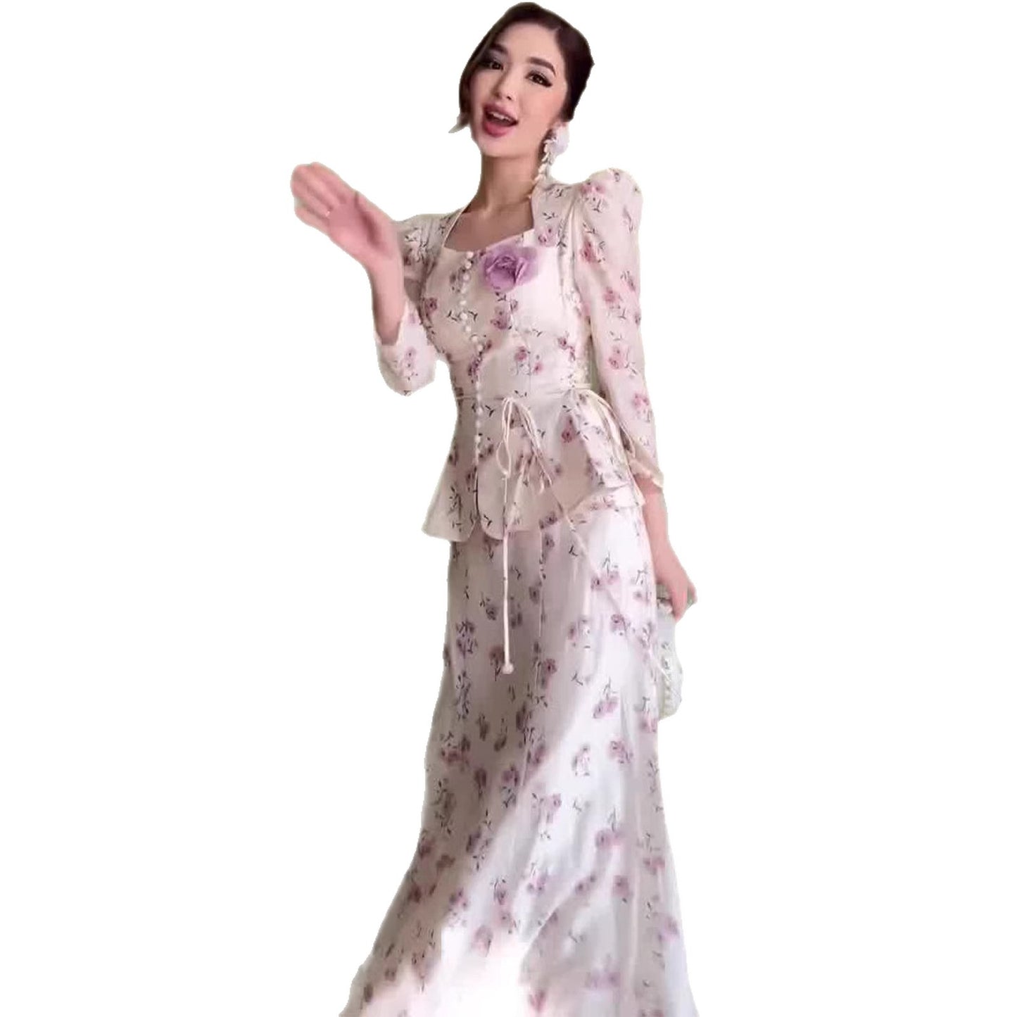 Women's Spring Floral Puff Sleeve Dress Set – Elegant Sweet Feminine Two-Piece