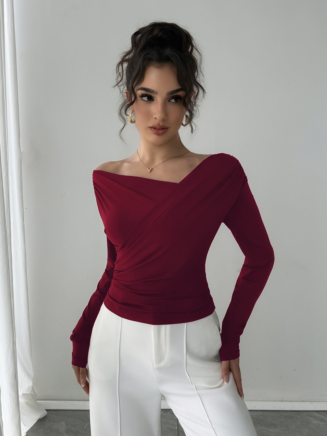 Zarusky Off Shoulder Slanted Collar Shirt – Slim Fit Long Sleeve Top