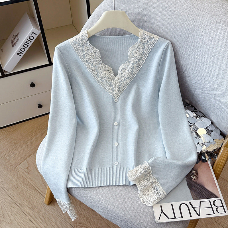 V-Neck Knit Sweater with Button Detail - Long Sleeve Pullover