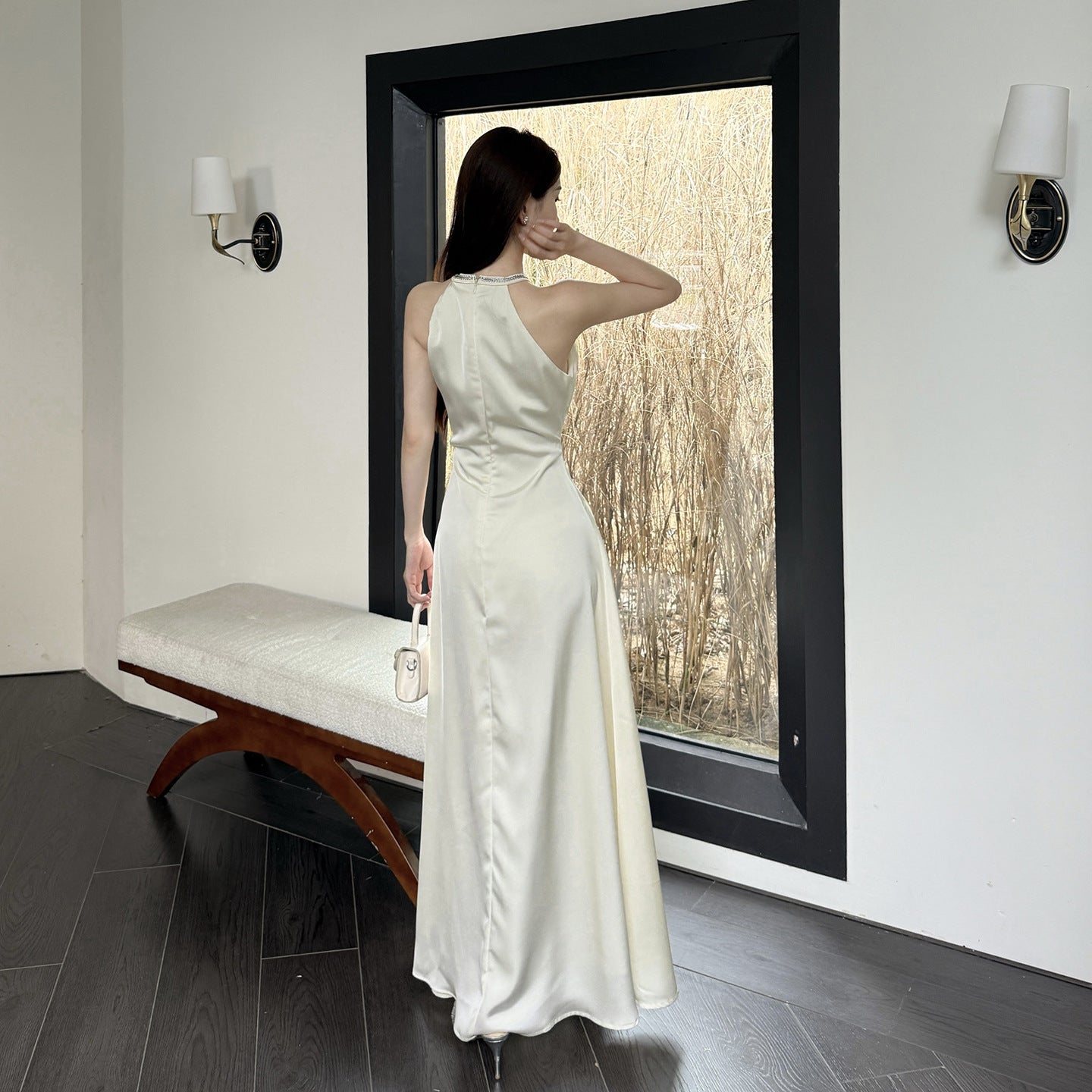 Hanging Neck Satin French Minimalist Elegant Long Skirt - Apricot Midi Dress