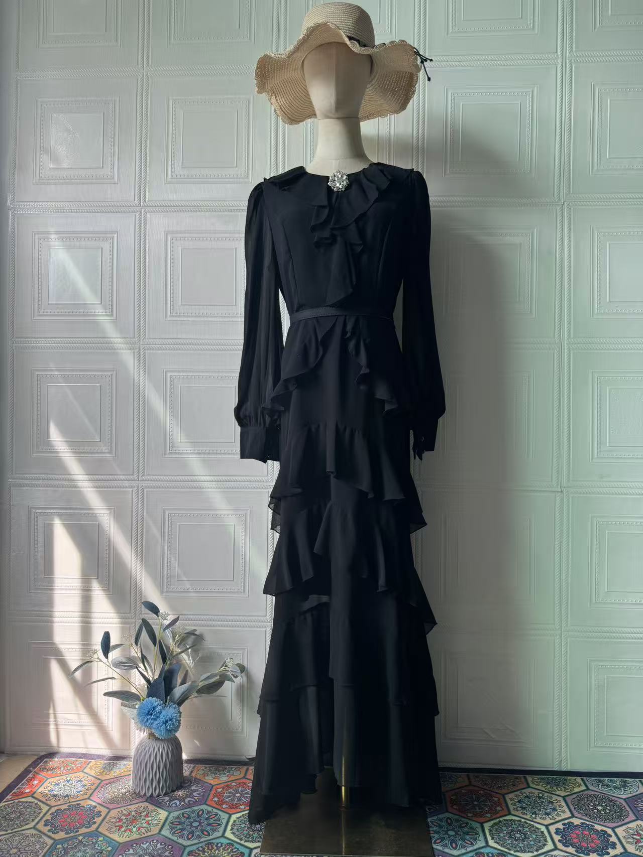 Waist Cinching Mermaid Maxi Dress – Lantern Sleeve Stand Collar Women’s Long Dress | 5 Colors