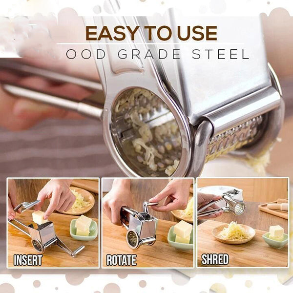 Garlic press with text 'Easy to use,ood grade steel' and step-by-step instructions on a kitchen background.