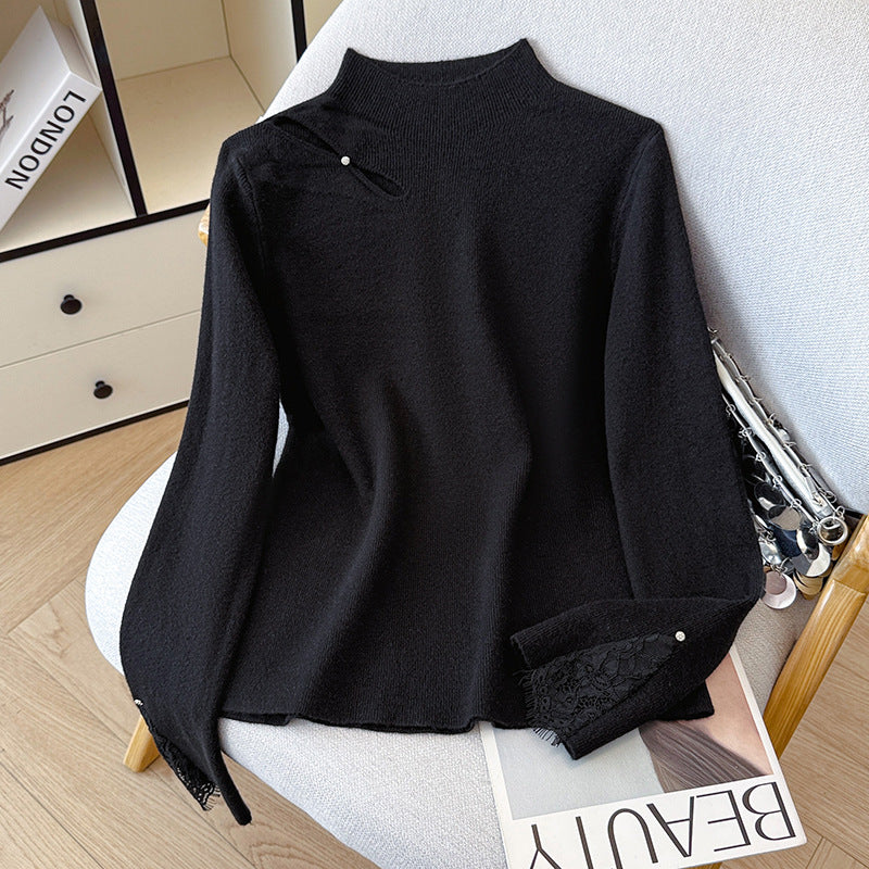 Lace Trim Halter Neck Knit Sweater - Hollow Out Long Sleeve