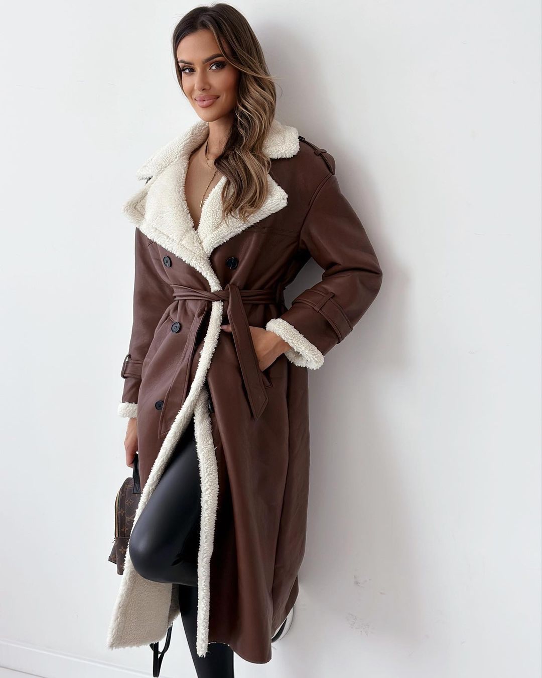 Luxury Double-Layer Melange Coat with Stand Collar & Lapel – Faux Shearling Winter Outerwear, Elegant & Warm Outfit