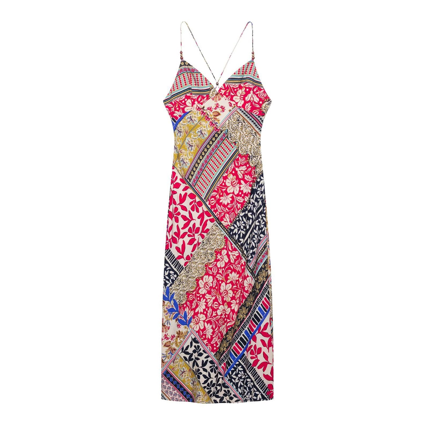 Women's Printed Backless V-Neck Camisole Maxi Dress