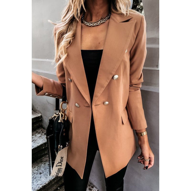 Zarusky™ Luxe Double-Breasted Solid-Color Suit Jacket for Women – Long Sleeve Tailored Outerwear | Premium Elegant Blazer