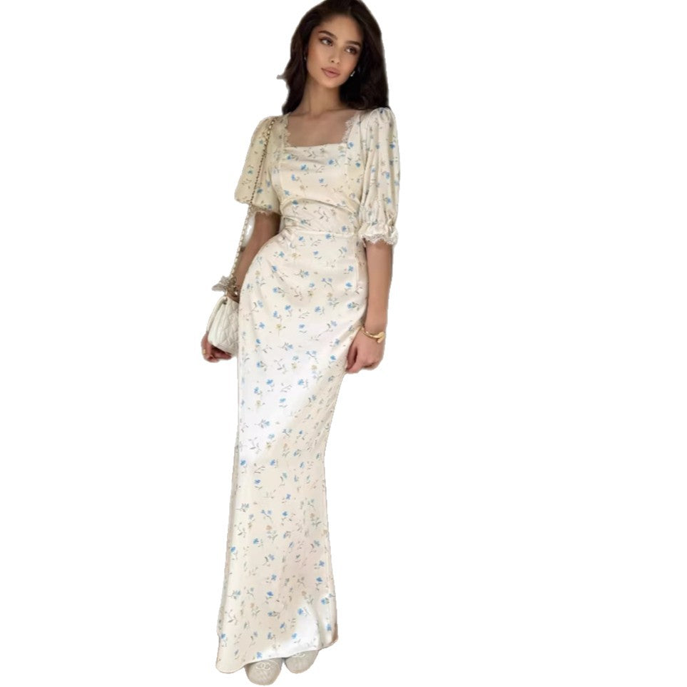 Elegant Floral Print Long Sleeve Dress – A-Line Lace Trim Fitted Women’s Spring Fashion