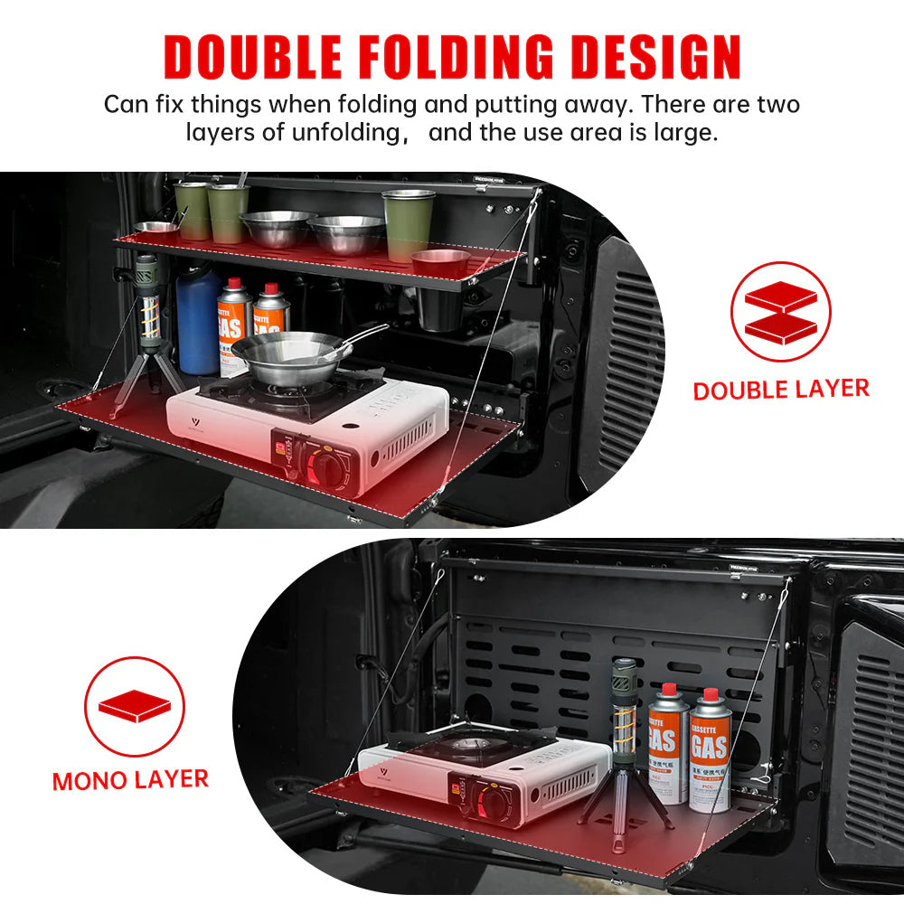 Heavy-duty 2-tier tailgate table with MOLLE panel for Ford Bronco 2021–2024. Ideal for camping, overlanding, and organized outdoor gear storage.