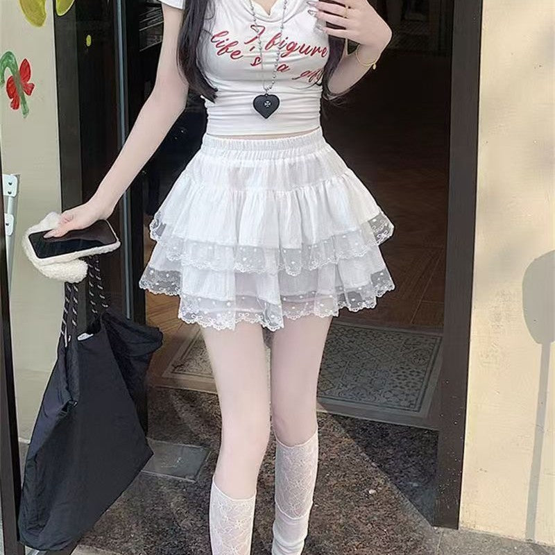 Women's Lace Trim Tiered A-Line Mini Skirt – High Waist Ruffle Skirt