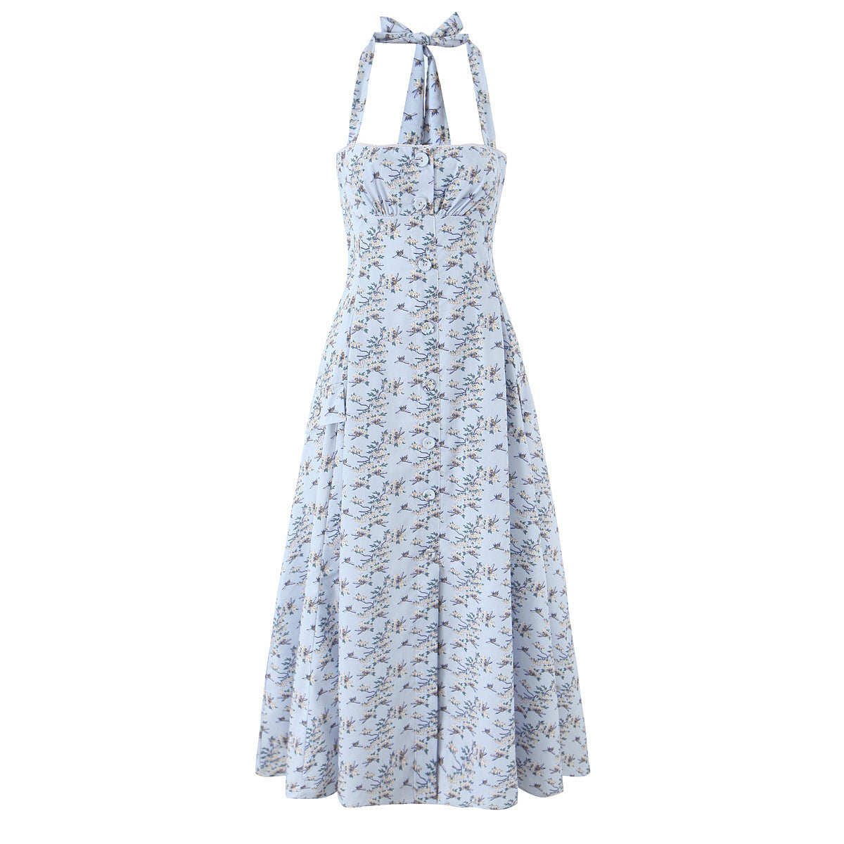 Women's Printed Button-Neck Midi Dress | Cotton | White & Blue