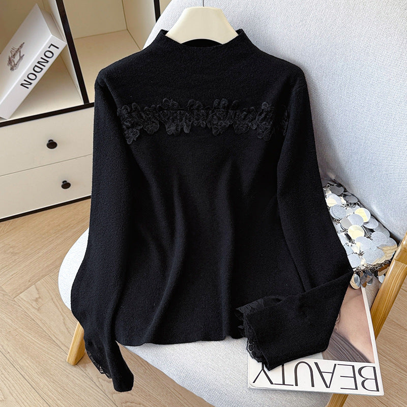 Lace Trim Halter Neck Knit Top - Hollow Out Long Sleeve