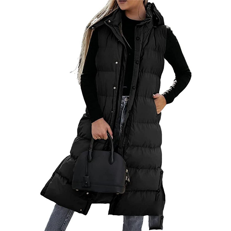 Women’s Fashionable Long Sleeveless Hooded Coat – Zipper & Single-Breasted Design | Solid Color Casual Luxury Outerwear