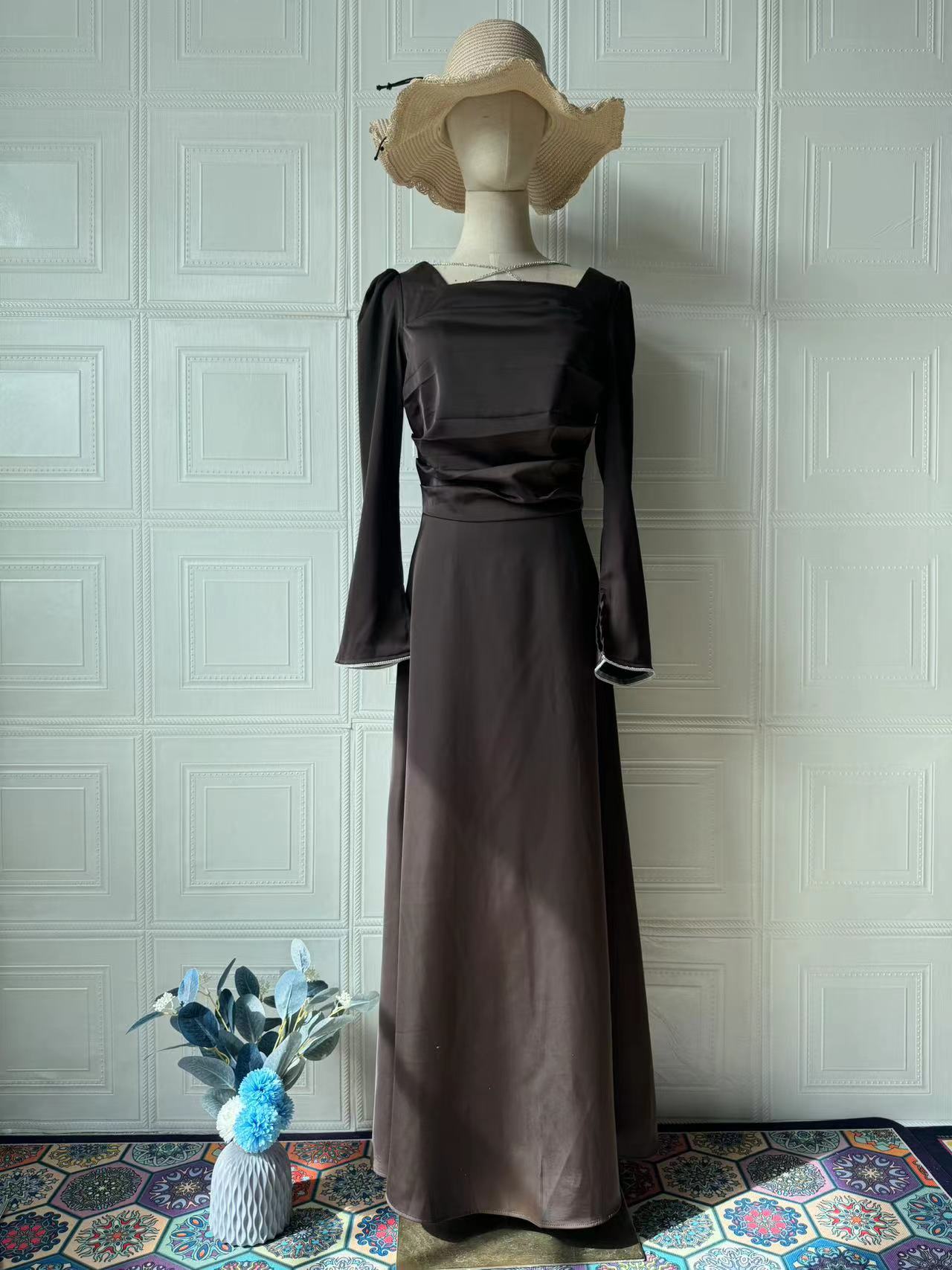 Women's Square Neck Tie Waist Fitted Long Sleeve Satin Dress – Blue, Dark Red & Coffee