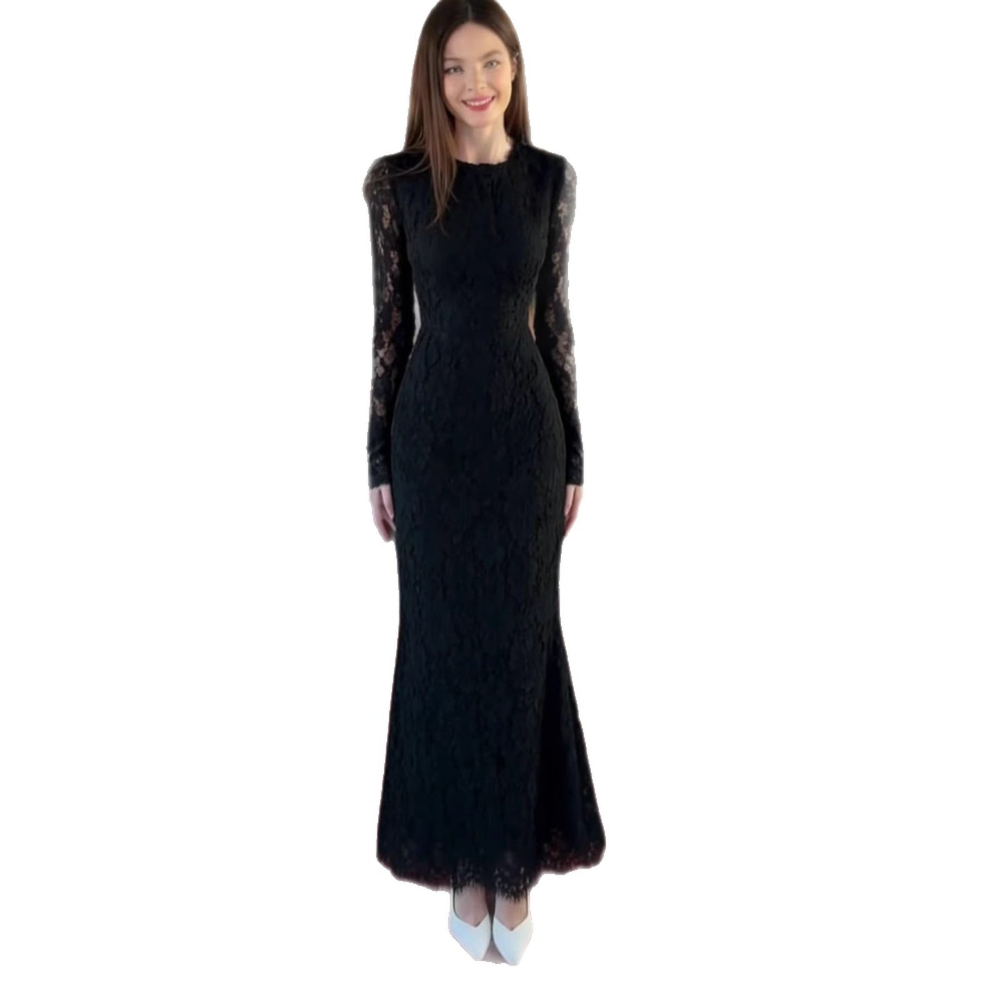 Women's Elegant Long Sleeve Fitted Maxi Dress – High Waist Round Neck Black Gown