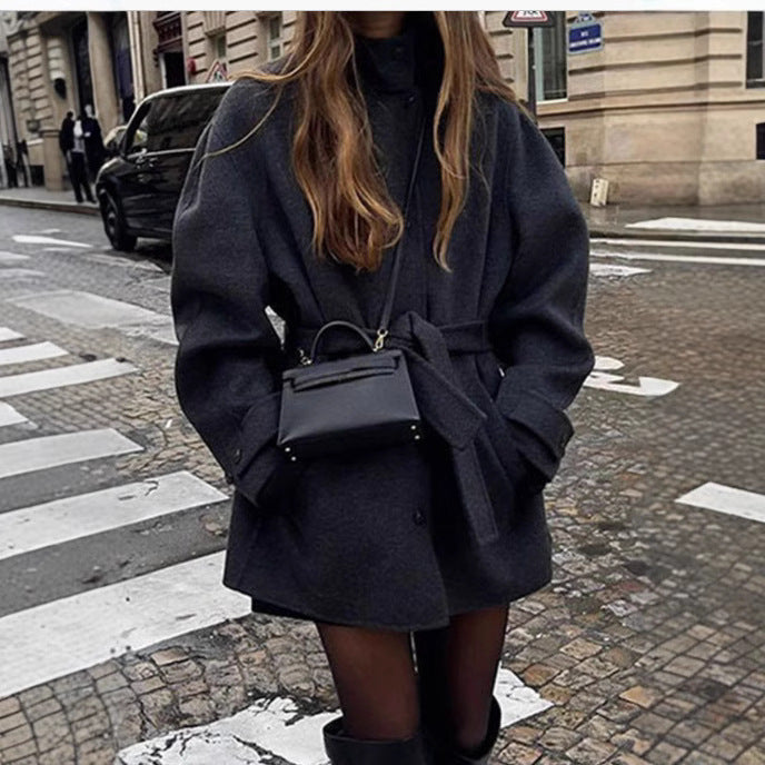 Women’s Belted Half-Turtleneck Wool Coat – Solid Color Elegant Outerwear | Timeless Luxury Design