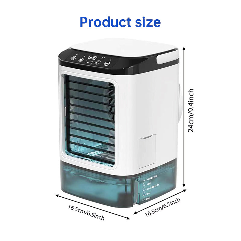 Compact 3-speed mini air cooler with 900ML water tank. Fan + humidifier combo delivers refreshing airflow—perfect for bedrooms, offices, and desks.