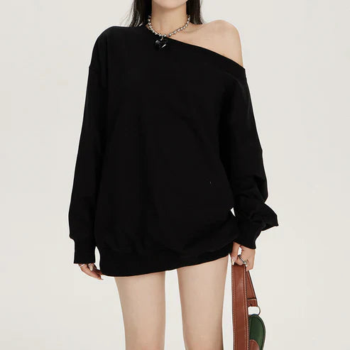 Women's Off Shoulder Sweatshirt – Loose Fit Long Sleeve Cotton Pullover Top | Vlog