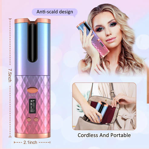 Portable USB Automatic Curling Iron: Cordless LCD Hair Curler for On-the-Go Styling