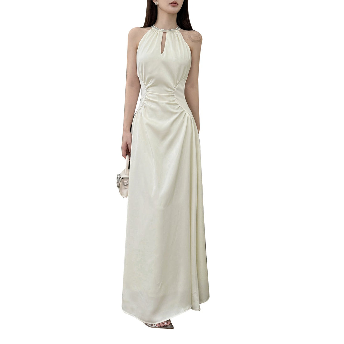 Women's Apricot Halter Neck Satin Midi Dress – Sleeveless French Minimalist Elegant Dress