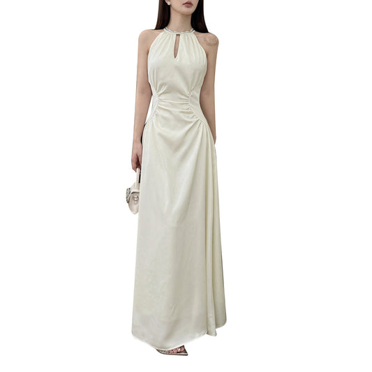 Women's Apricot Halter Neck Satin Midi Dress – Sleeveless French Minimalist Elegant Dress