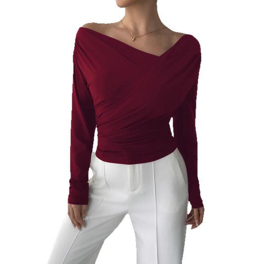 Zarusky Off Shoulder Slanted Collar Shirt – Slim Fit Long Sleeve Top