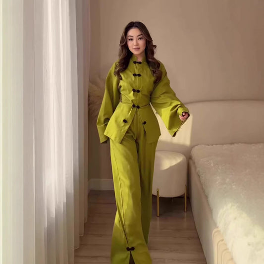 Women's Vintage Long Sleeve Loose Two-Piece Set – Dress & Long Pants 5 Colors
