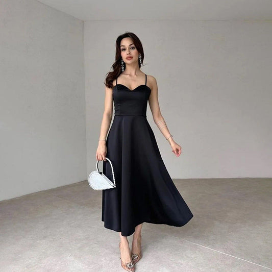 Sexy Slim Fit Satin Camisole Pleated Skirt – Black V-Neck Sleeveless Long Dress