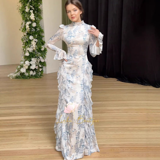 Women's Floral Print Satin Long Sleeve Bodycon Maxi Dress – Blue Leaves Tie Detail