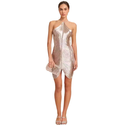 Shiny Metallic Halter Slim Mini Dress – Sleeveless Backless Bodycon Party Dress