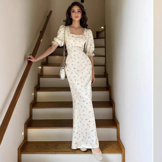 Elegant Floral Print Long Sleeve Dress – A-Line Lace Trim Fitted Women's Spring Fashion