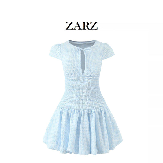 Women's Light Blue Plaid Mini Dress – 3/4 Sleeve Loose Fit Literary Retro Dress