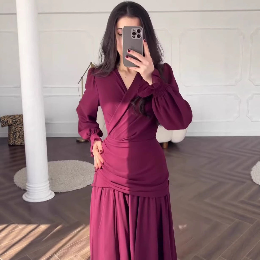 Elegant Polka Dot A-Line Long Sleeve Dress – Square Neck High Waist Chiffon Dress