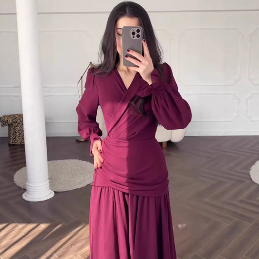Elegant Polka Dot A-Line Long Sleeve Dress – Square Neck High Waist Chiffon Dress
