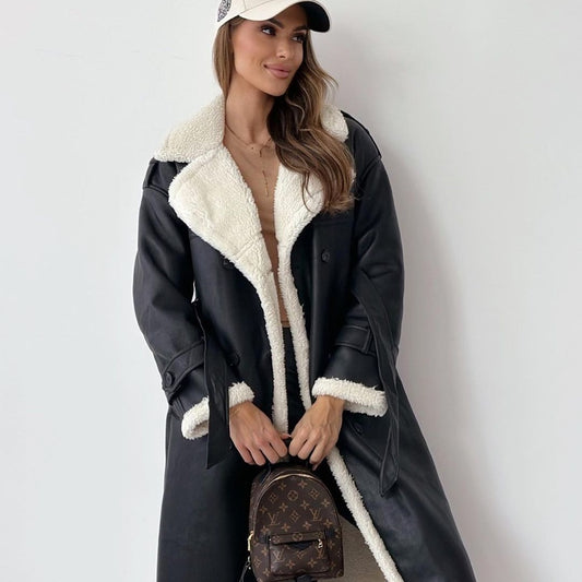Luxury Double-Layer Melange Coat with Stand Collar & Lapel – Faux Shearling Winter Outerwear, Elegant & Warm Outfit