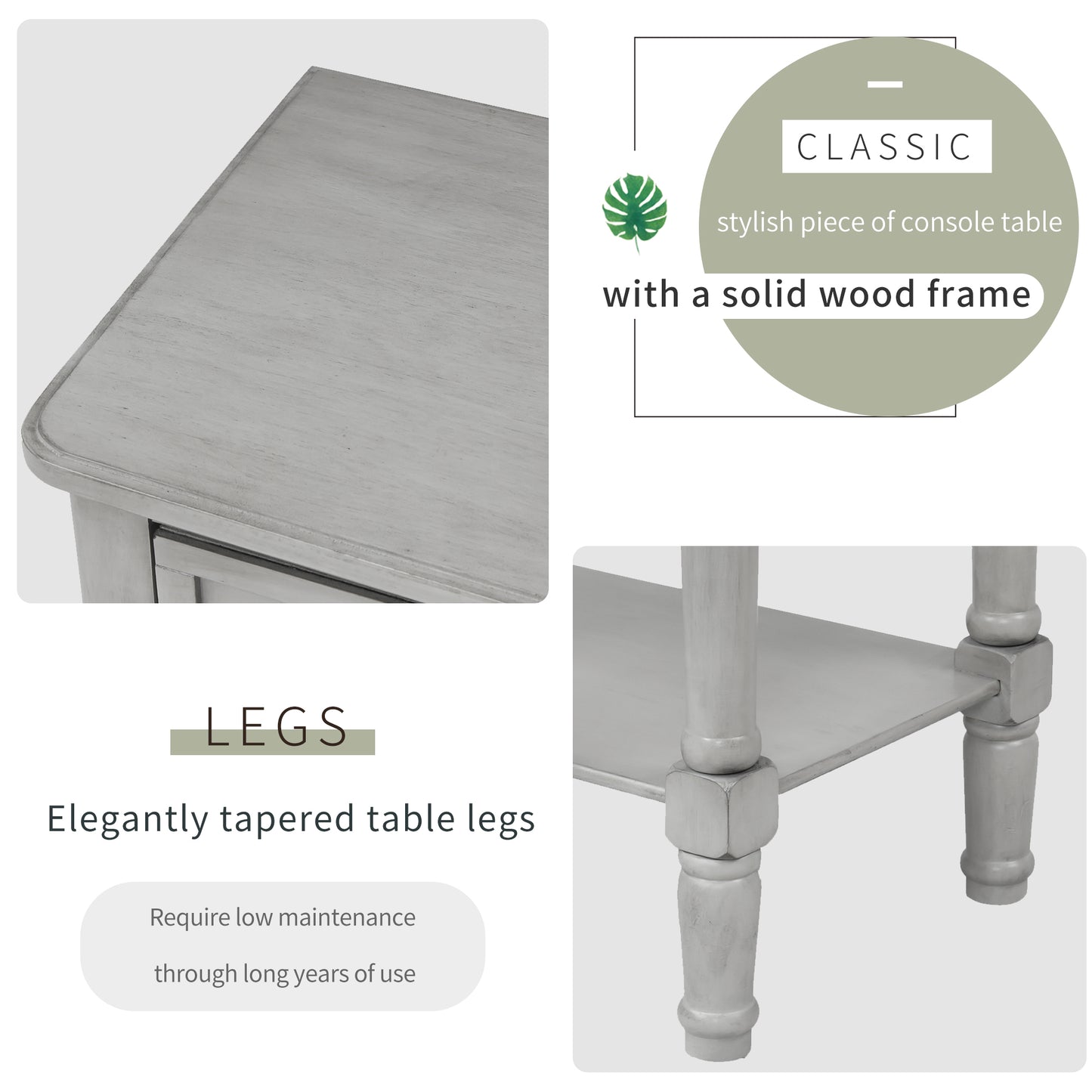 Slim grey-washed console desk with three drawers and bottom shelves. Space-saving sofa table perfect for living rooms, entryways, and hallways.