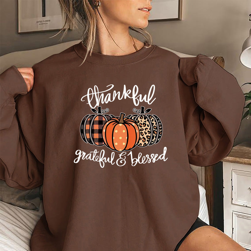 Back collar with plush sweatshirt round neck with pumpkin print