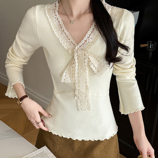 V-Neck Knit Sweater with Bow Detail - Flared Sleeve Pullover