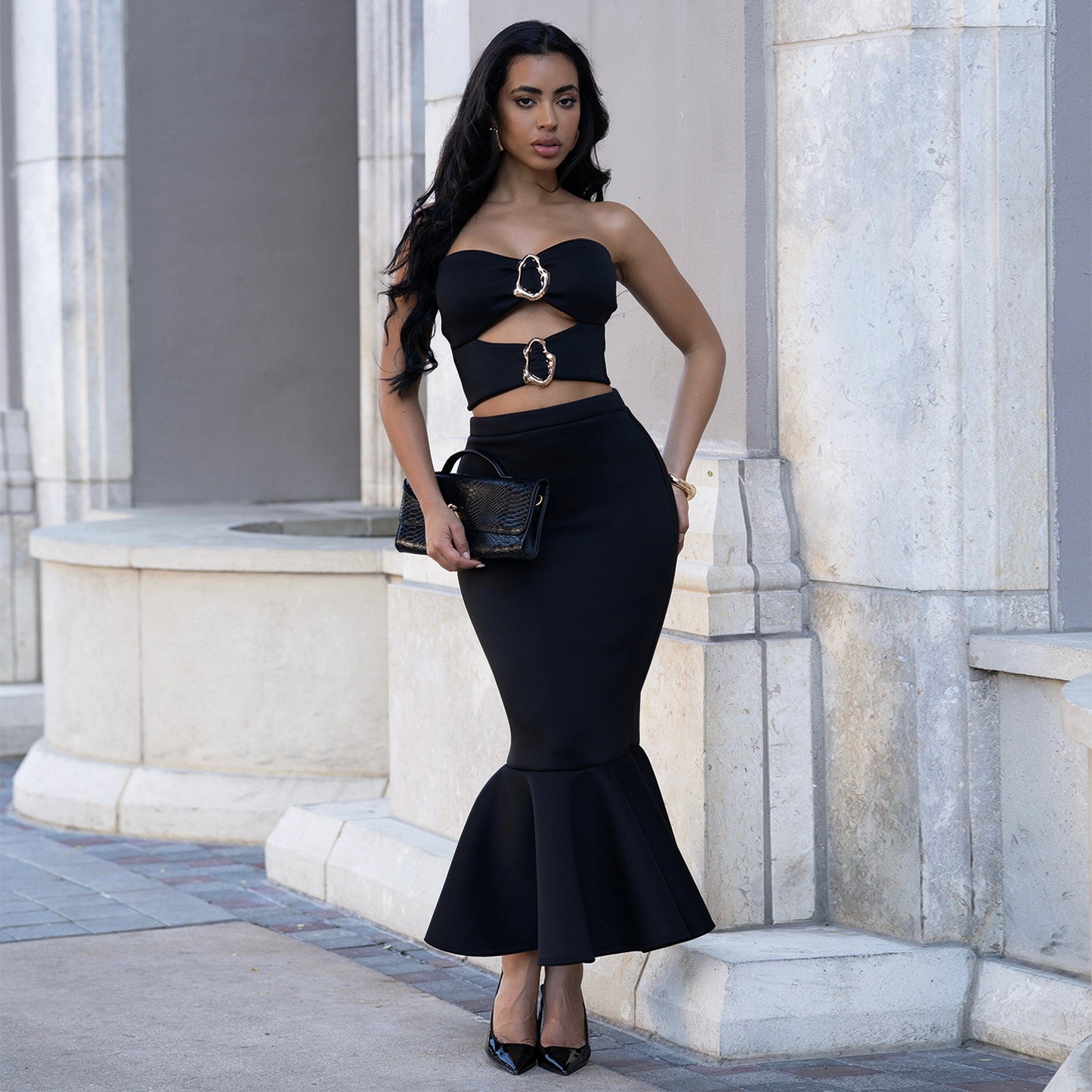 Women's Strapless Crop Top & Maxi Skirt Set – Elegant Commute Two-Piece