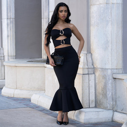 Women's Strapless Crop Top & Maxi Skirt Set – Elegant Commute Two-Piece