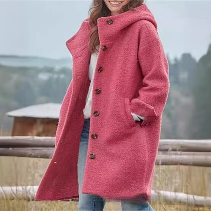 Women’s Fashionable Solid-Color Wool Coat – Elegant Hooded Long Outerwear | Premium Winter Luxury