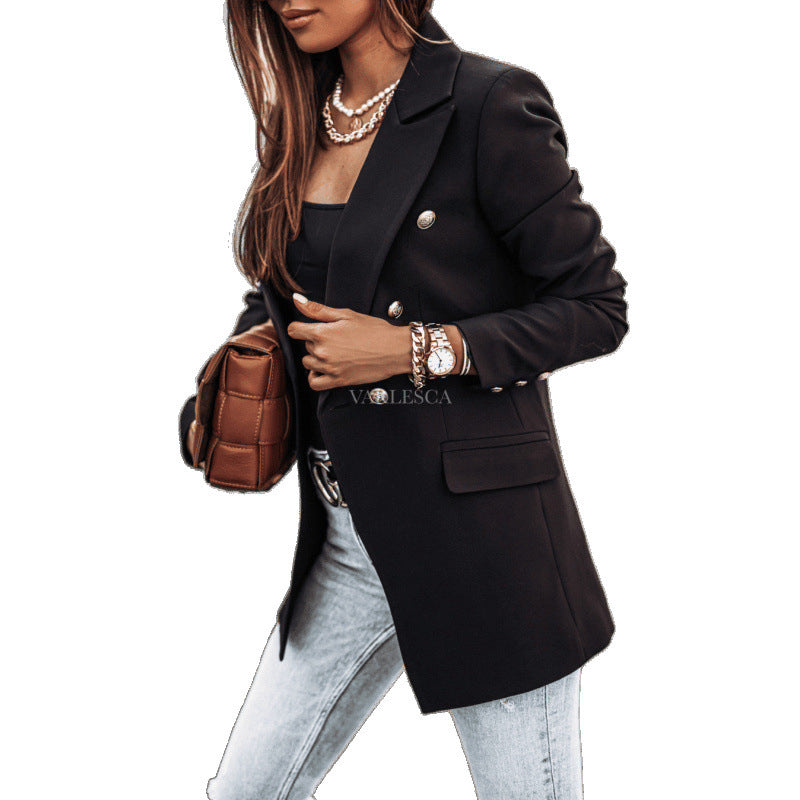 Zarusky™ Luxe Double-Breasted Solid-Color Suit Jacket for Women – Long Sleeve Tailored Outerwear | Premium Elegant Blazer