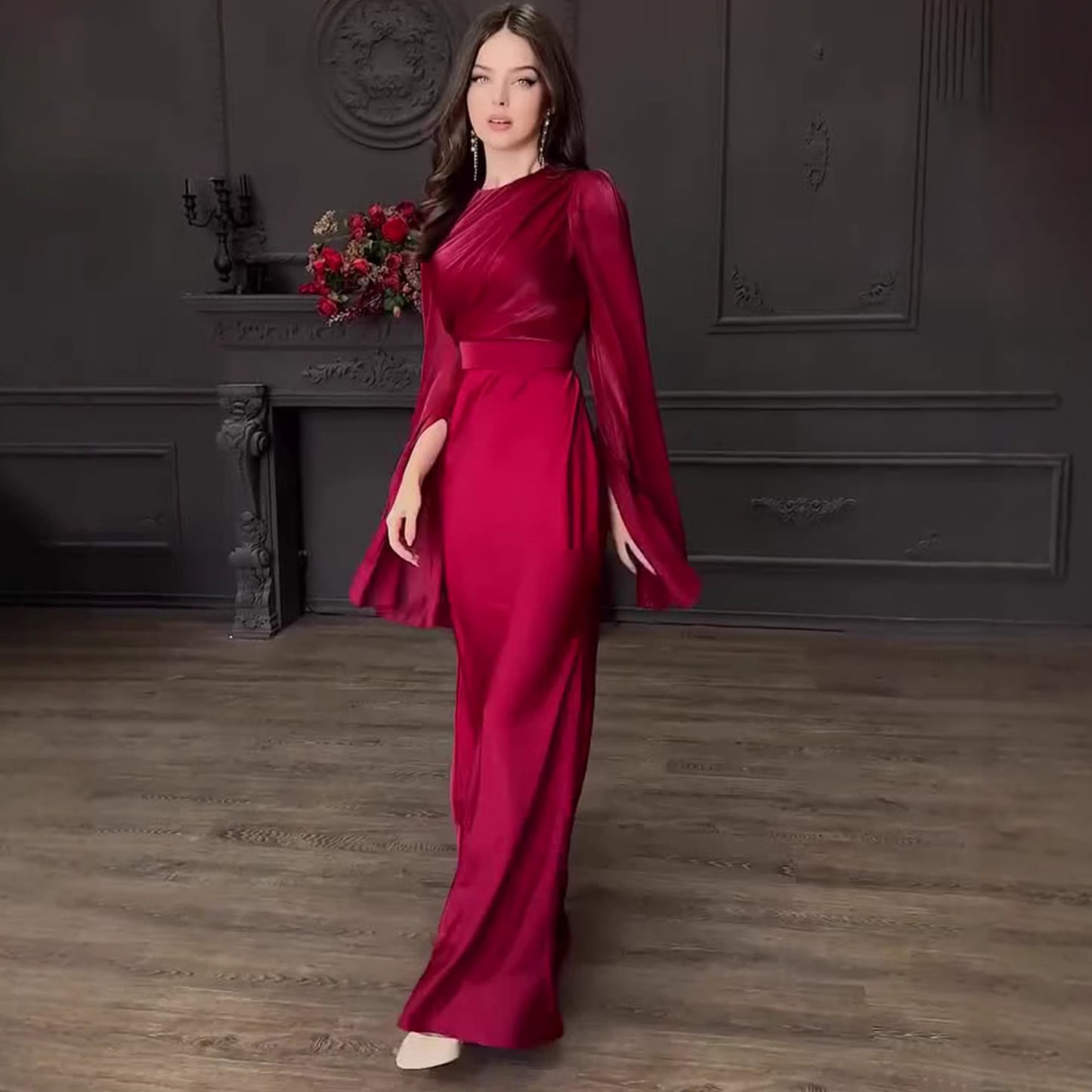 Women's Satin Asymmetric Sleeve Mesh Overlay Floor-Length Dress – Fitted Autumn Gown
