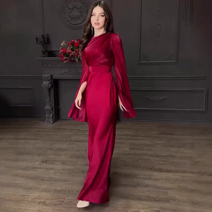 Women's Satin Asymmetric Sleeve Mesh Overlay Floor-Length Dress – Fitted Autumn Gown