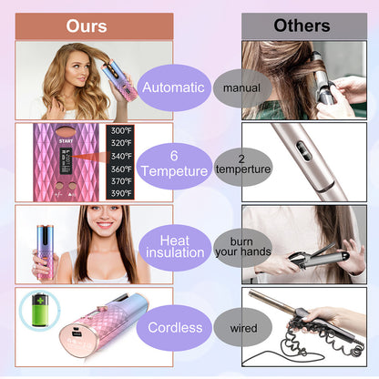 Portable USB Automatic Curling Iron - Cordless LCD Hair Curler