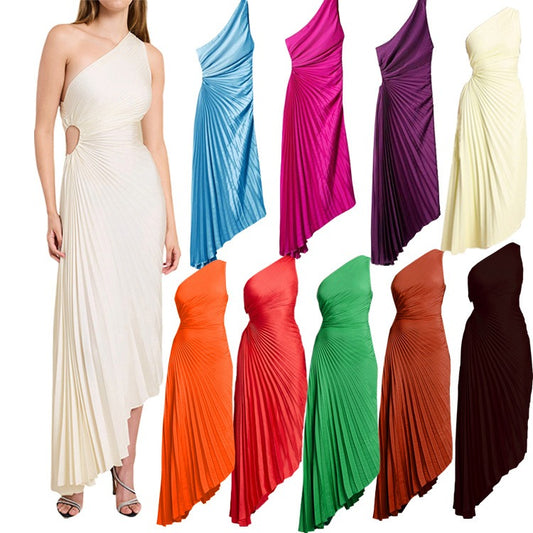 Single Shoulder Diagonal Neckline Pleated Hollow Out Satin Dress - Long Skirt