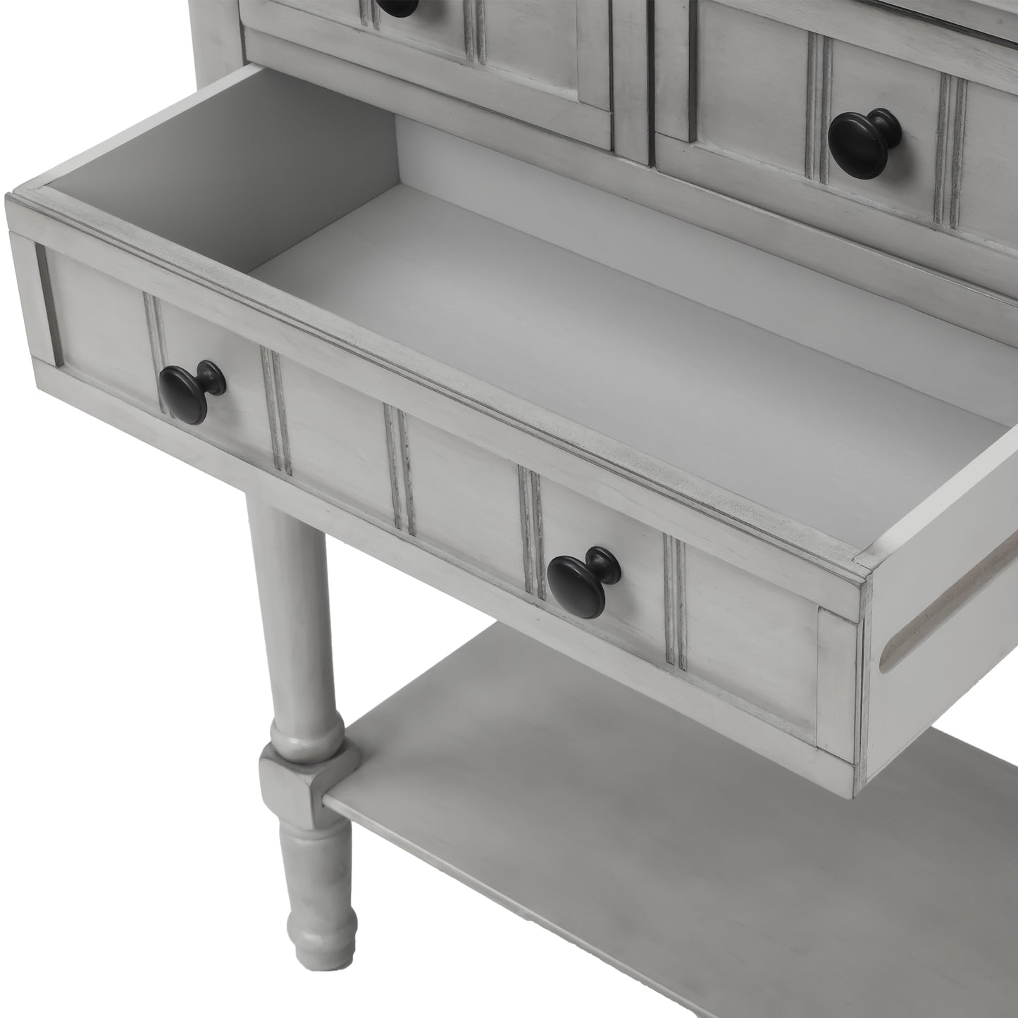 Slim grey-washed console desk with three drawers and bottom shelves. Space-saving sofa table perfect for living rooms, entryways, and hallways.