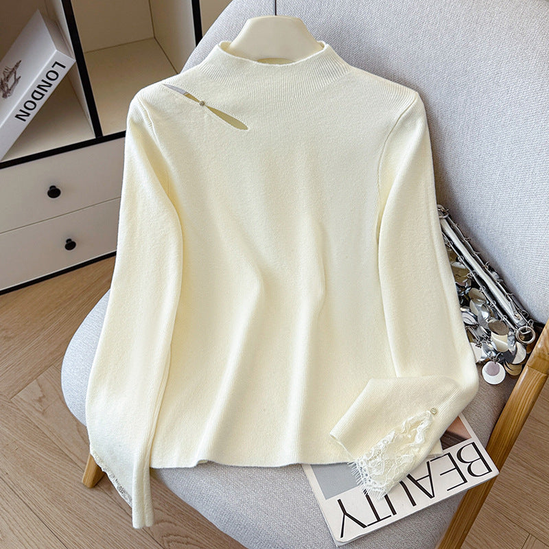 Lace Trim Halter Neck Knit Sweater - Hollow Out Long Sleeve