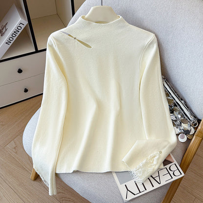 Lace Trim Halter Neck Knit Sweater - Hollow Out Long Sleeve